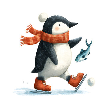 Penguin in a striped red scarf and orange skates gliding on an icy surface with a fish