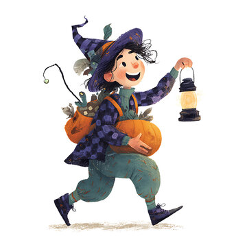 Playful witch character carries pumpkins and a bright lantern for autumn