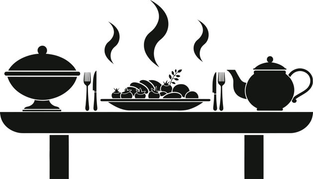 Black table setting icons, food and drink silhouettes, dining tableware vector