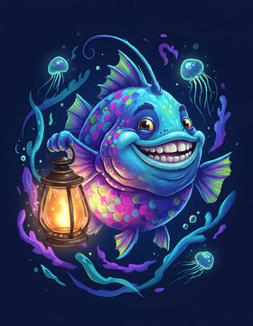 Smiling fish illuminates dark ocean depths with a warm glowing lantern