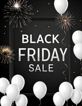 Black friday sale promotion with white balloons and fireworks