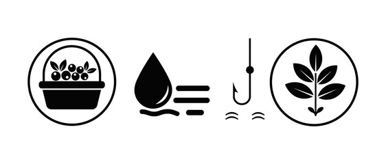 Set of black and white outdoor and nature icons including berry basket, water droplet, fishing hook, and plant seedling © ARIF