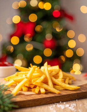 French fries on a wooden board with festive lights