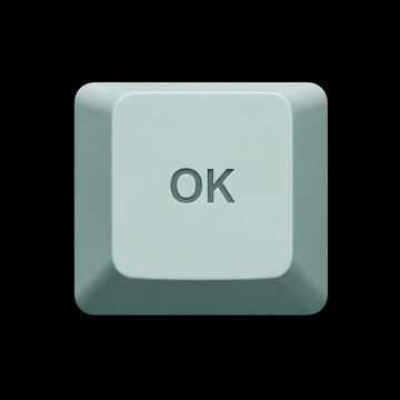 Close-up of a single light blue OK computer keyboard key with embossed letters on a black background