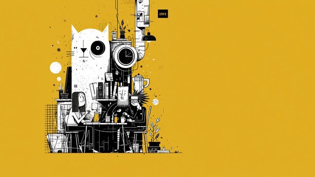 People Working At Desk With Giant Cat.
