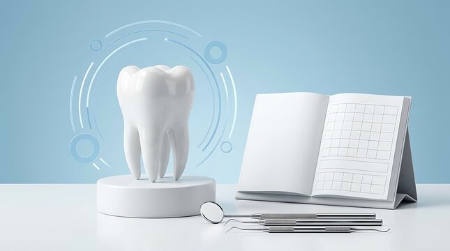 Dental checkup appointment concept with 3D tooth model, calendar, and instruments on blue background