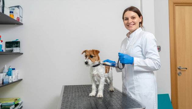 Veterinarian preparing dog for examination in clinic