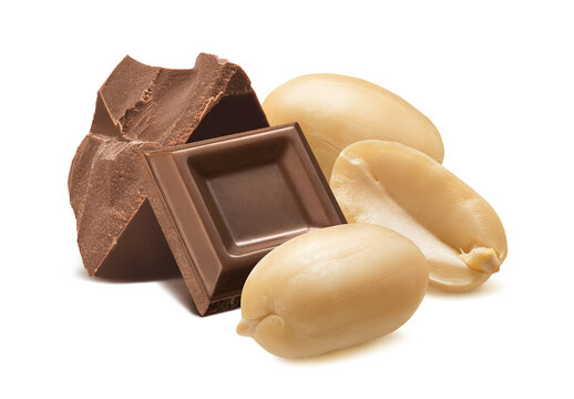 Peanuts and milk chocolate isolated on white background. Package design element with clipping path