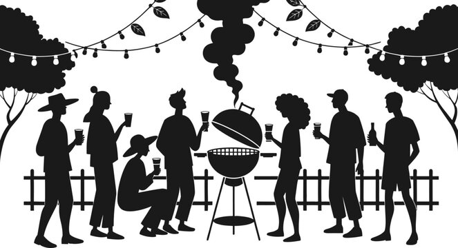 Black silhouette people, outdoor barbecue party, backyard gathering, social event icons