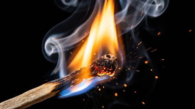 Burning Match: A close-up shot of a matchstick igniting, with a bright flame, smoke, and sparks dancing against a dark background. A symbol of ignition, creation, and potential energy