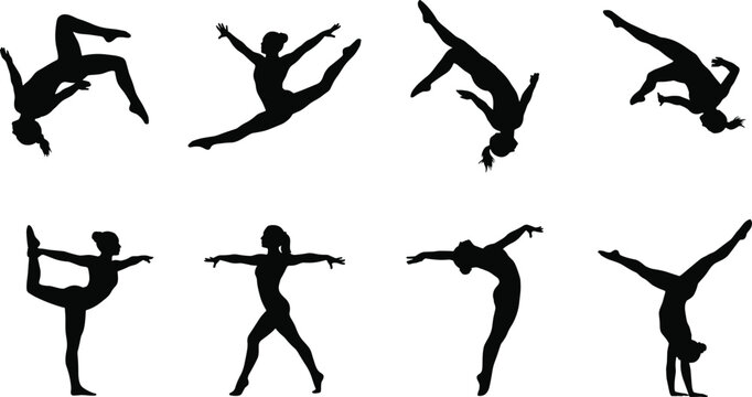 Gymnastics and Dance Black Silhouette Collection with Acrobat Poses and Flexible Athletes Vector Set