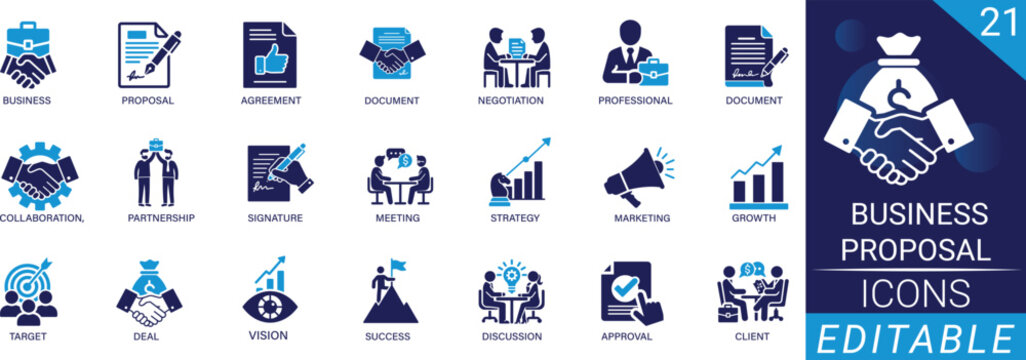 business proposal solid icon set, pitch deck, investment, contract, partnership, leadership, presentation, glyphs for web
