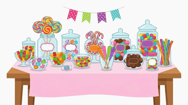 Colorful Candy Buffet Table with Jars of Sweets and Lollipops Isolated on white background