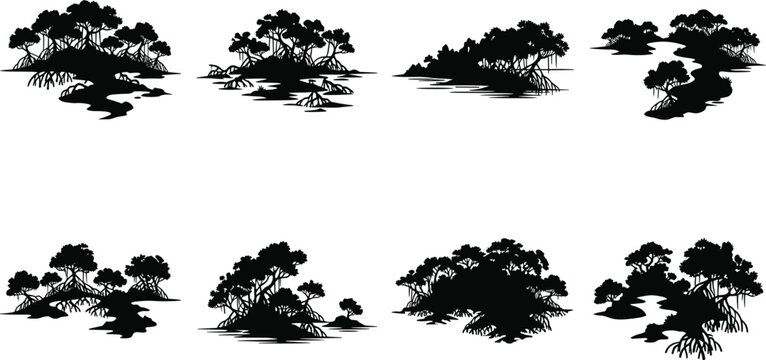Mangrove Forest Black Silhouette Collection with Coastal Wetland Trees and Water Landscape Vectors