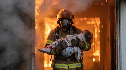 Obraz premium A firefighter in gear carries a young child out of a burning structure. Smoke and flames surround them. The scene shows a vital rescue during a fire alarm and emphasizes safety