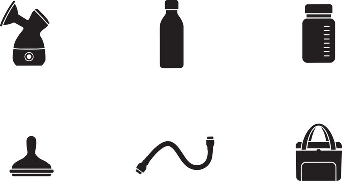 Breastfeeding accessories and pumping equipment black solid vector icons