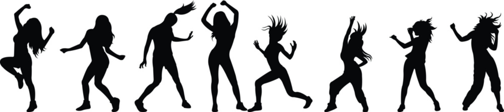 Multiple black silhouettes of young women dancing energetically in various poses isolated on a plain white studio background surface area