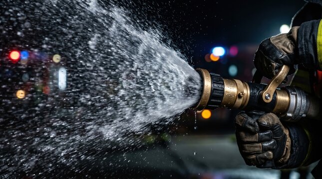 A firefighter aims a water hose to control flames at a fire scene. Emergency lights flash in the background. The firefighter works quickly to ensure safety