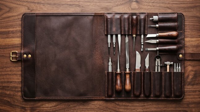 Overhead View of Leather Crafting Tool Roll
