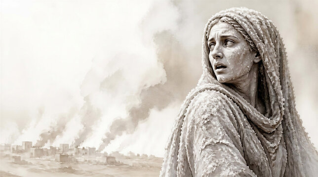Lot's wife turned into a pillar of salt. Sodom and Gomorrah bible story. Religious concept. Artistic minimalist art with copy space.