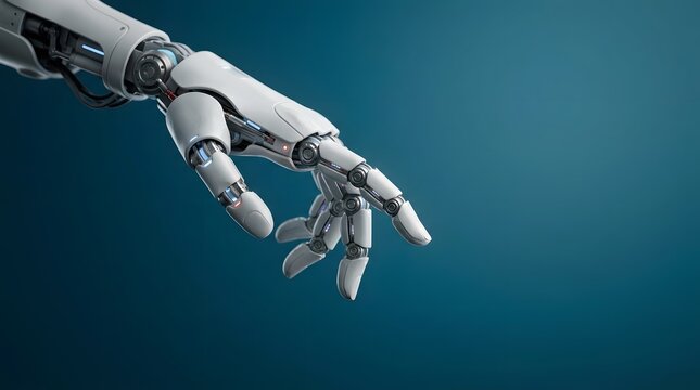 Metallic android hand extended downwards in a conceptual tech image