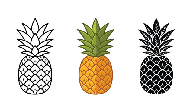 Fresh pineapple fruit vector icon logo set. Featuring colorful flat design, outline stroke, and black silhouette elements isolated on transparent background.