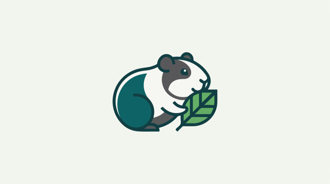 Minimalist vector illustration of a cute guinea pig eating a green leaf.