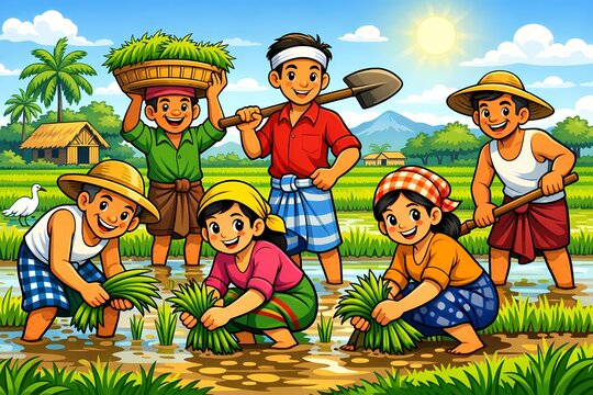 ​Happy Asian farmers working in a lush green rice paddy field, vibrant cartoon illustration, AI generated artfamily of four