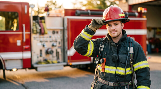 A firefighter in uniform stands in front of a fire truck at the fire station. He is saluting and looking directly at the camera. It is daytime and the sun is shining