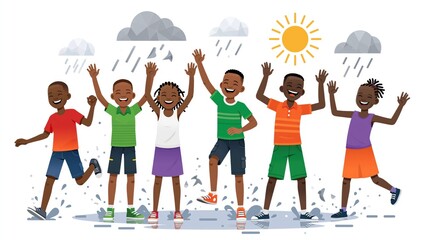Fototapeta premium Diverse Kids Jumping In Rain Puddles.