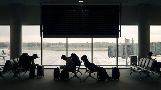 Tired passengers wait in airport lounge beside rainy runway windows with luggage flight board silhouettes delays layover fatigue business travel uncertainty disrupted trip atmosphere
