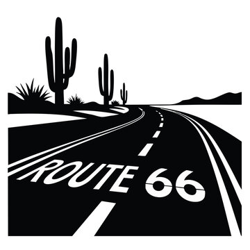Route 66 desert highway perspective illustration. Black and white vector graphic with saguaro cactus silhouettes. American road trip concept isolated on transparent background