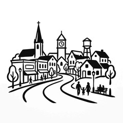Fototapeta premium Small town street scene. Local community and neighborhood concept with people walking. Black and white vector illustration