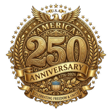 America 250th anniversary commemorative emblem with eagle and stars isolated on transparent background