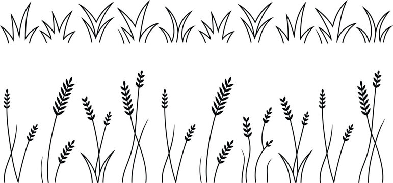 Grass tufts and wheat ears seamless border set with black line art plant silhouettes vector illustration for nature pattern design.