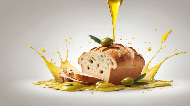 Italian artisan bread with olive oil splash and green olives