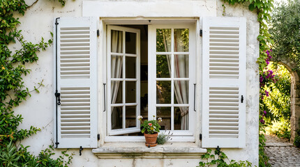 Obraz premium Charming white house window with green shutters and plant