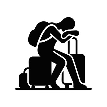Exhausted traveler sitting on suitcase silhouette. Tired tourist with backpack and luggage vector illustration. Travel fatigue and jet lag concept isolated on transparent background