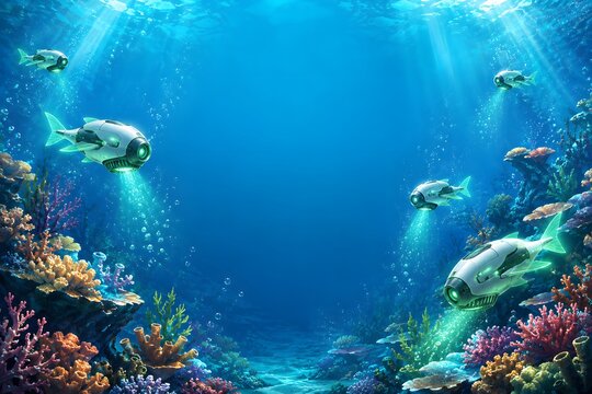 Futuristic illustration of robotic underwater drones exploring a coral reef. Suitable for marine technology marketing ocean science blogs and scifi book covers.