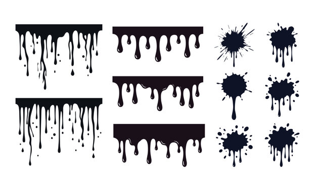 Black dripping liquid splash and splatter vector element collection. Featuring liquid drips, paint drops, ink stains, and borders isolated on transparent background.
