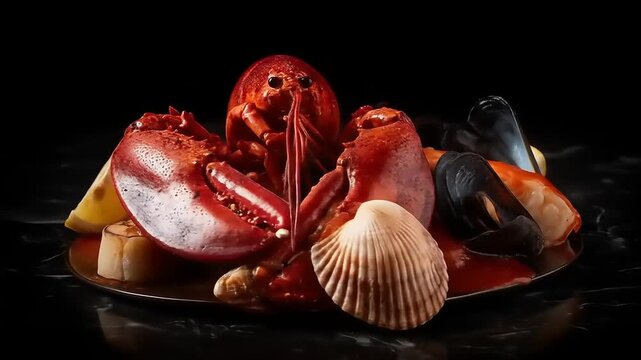 Cooked shellfish platter featuring whole crustacean, mussels, and scallop with lemon wedge