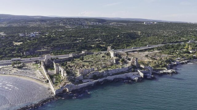 Aerial Drone View of Korykos Castle and Mediterranean Coastline in Mersin, Turkey, Historic Fortress by the Sea at Sunset