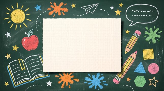 Grid paper sheet on green chalkboard with various colorful chalk drawings for back-to-school background and copyspace chalkboard education