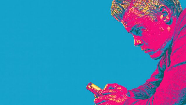Man focused on bright phone screen in vibrant pop art.