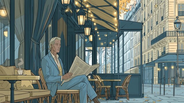 Elegant senior man reads paper outside illuminated street cafe.