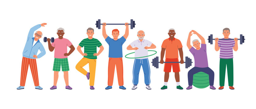 Active senior men fitness workout vector banner character set. Featuring elderly people lifting weights, stretching, hula hooping, and using gym balls isolated on transparent background.