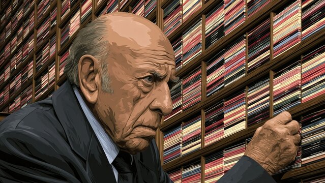 Intense older man inspects shelf of compact discs closely.