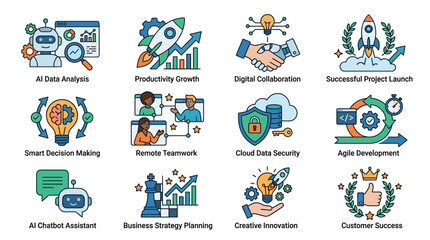 Fototapeta premium Set of modern technology and business concept flat vector icons.