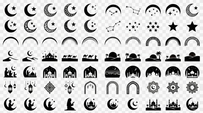 Black islamic ramadan icons set with mosque and crescent moon
