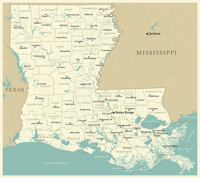 Louisiana - detailed map with administrative divisions and cities. Vector illustration of US state